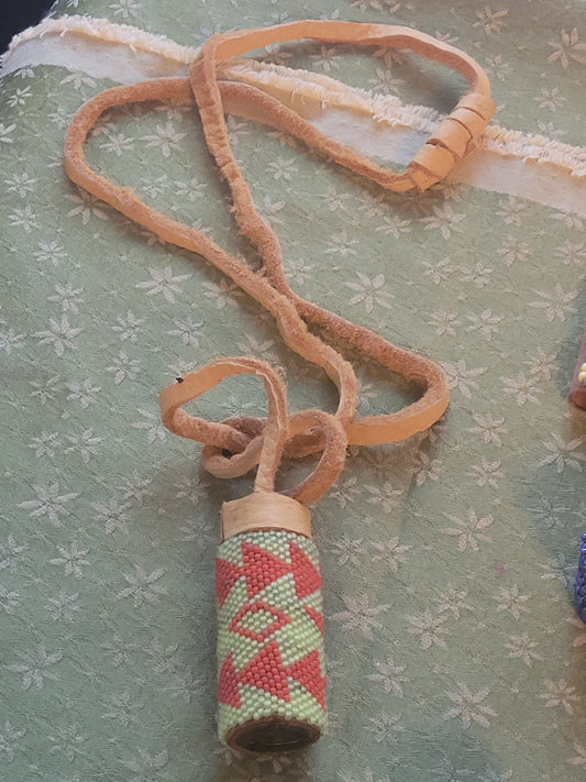 Red Arrow Beaded Medicine Necklace (Leather Strap)